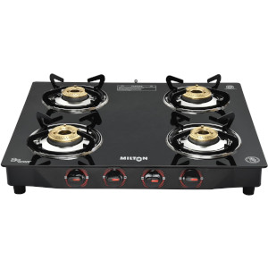 MILTON Premium 4 Burner Black Manual Ignition Glass Top Gas Stove